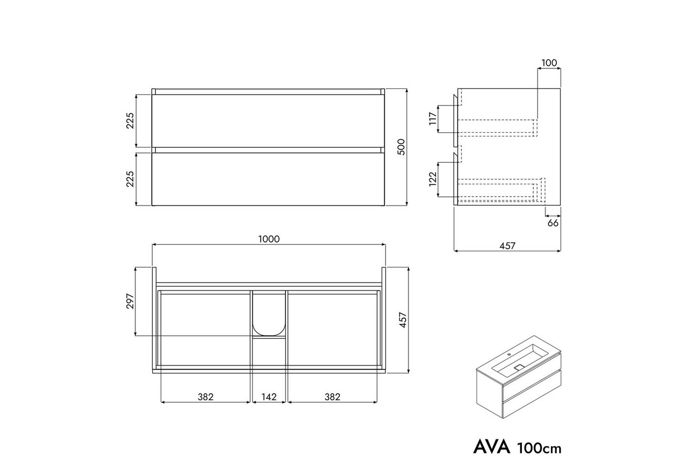 Bernstein Waschbeckenunterschrank AVA Eiche honiggold 100cm Waschbecken Weiß matt ohne Hahnloch Waschtischunterschrank mit Mineralguss-Waschbecken 2 Schubladen – Bild 5 von 5