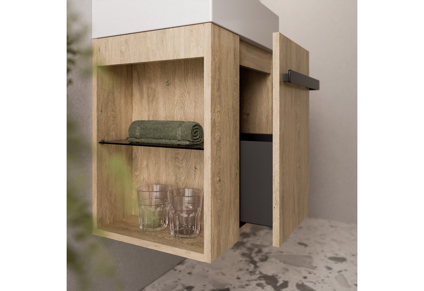Bernstein Waschbeckenunterschrank COMPACT 450 Eiche honiggold REGAL rechts GRIFF Schwarz matt Waschtischunterschrank mit Waschbecken 1 Schublade & Regal – Bild 2 von 5