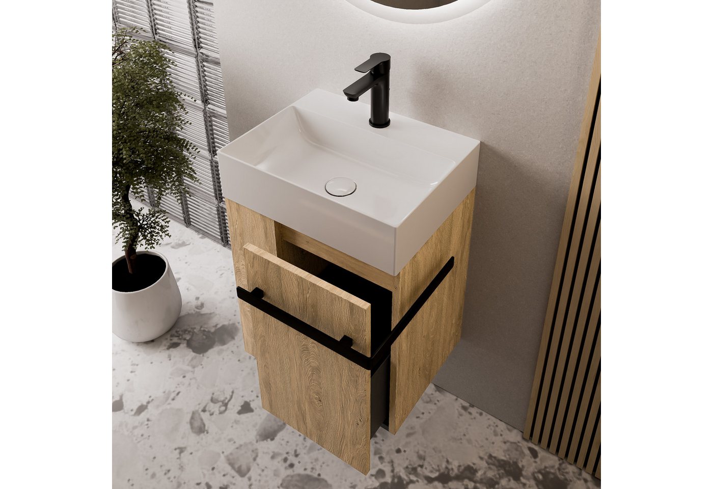 Bernstein Waschbeckenunterschrank COMPACT 450 Eiche honiggold REGAL rechts GRIFF Schwarz matt Waschtischunterschrank mit Waschbecken 1 Schublade & Regal – Bild 3 von 5