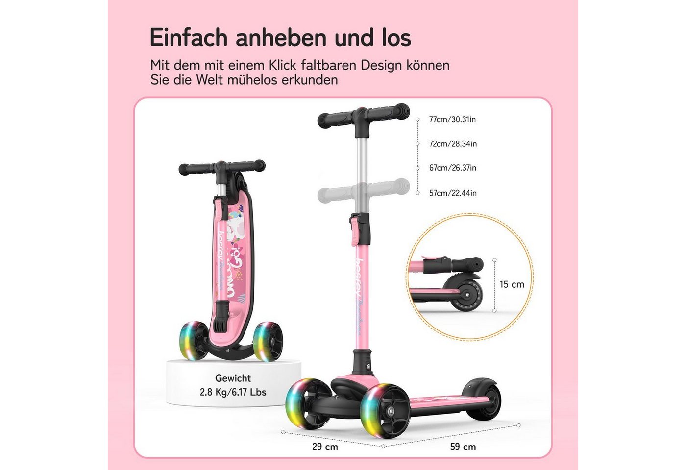 besrey Dreiradscooter Kinder Scooter Kinder Roller Kinderroller ab 3 jahre faltbar, Alle drei Räder mit LED, Kinderscooter mit ABEC-7 Kugellager – Bild 2 von 5