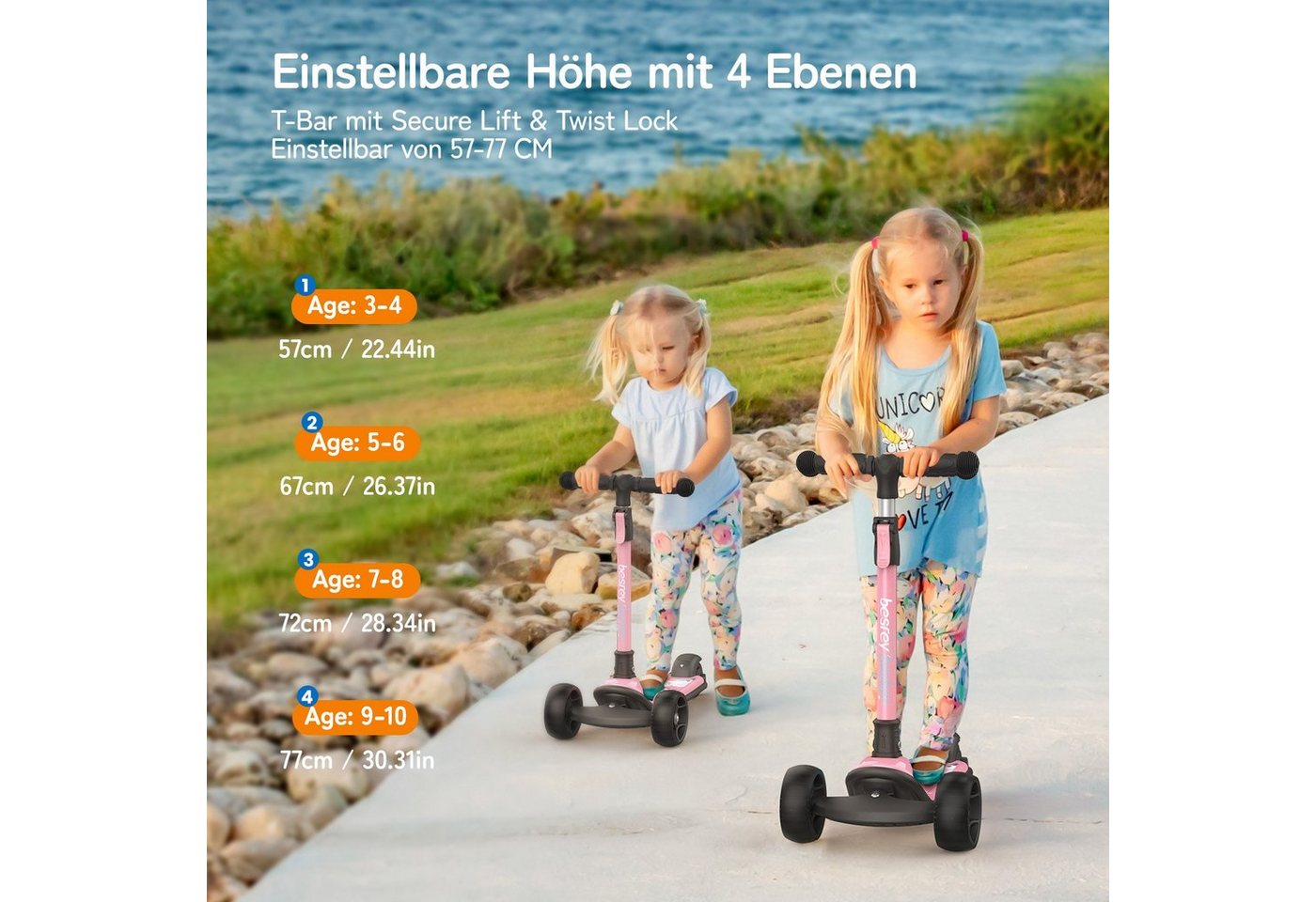 besrey Dreiradscooter Kinder Scooter Kinder Roller Kinderroller ab 3 jahre faltbar, Alle drei Räder mit LED, Kinderscooter mit ABEC-7 Kugellager – Bild 3 von 5