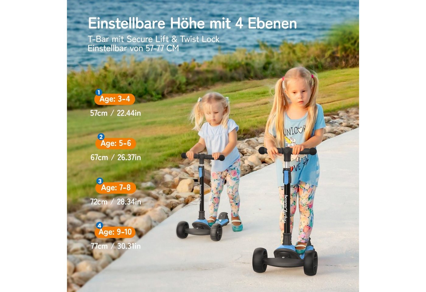 besrey Dreiradscooter Kinder Scooter Kinder Roller Kinderroller ab 3 jahre faltbar, Alle drei Räder mit LED, Kinderscooter mit ABEC-7 Kugellager – Bild 2 von 5