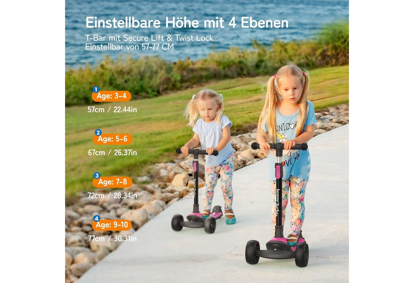 besrey Dreiradscooter Kinder Scooter Kinder Roller Kinderroller ab 3 jahre faltbar, Alle drei Räder mit LED, Kinderscooter mit ABEC-7 Kugellager – Bild 2 von 5