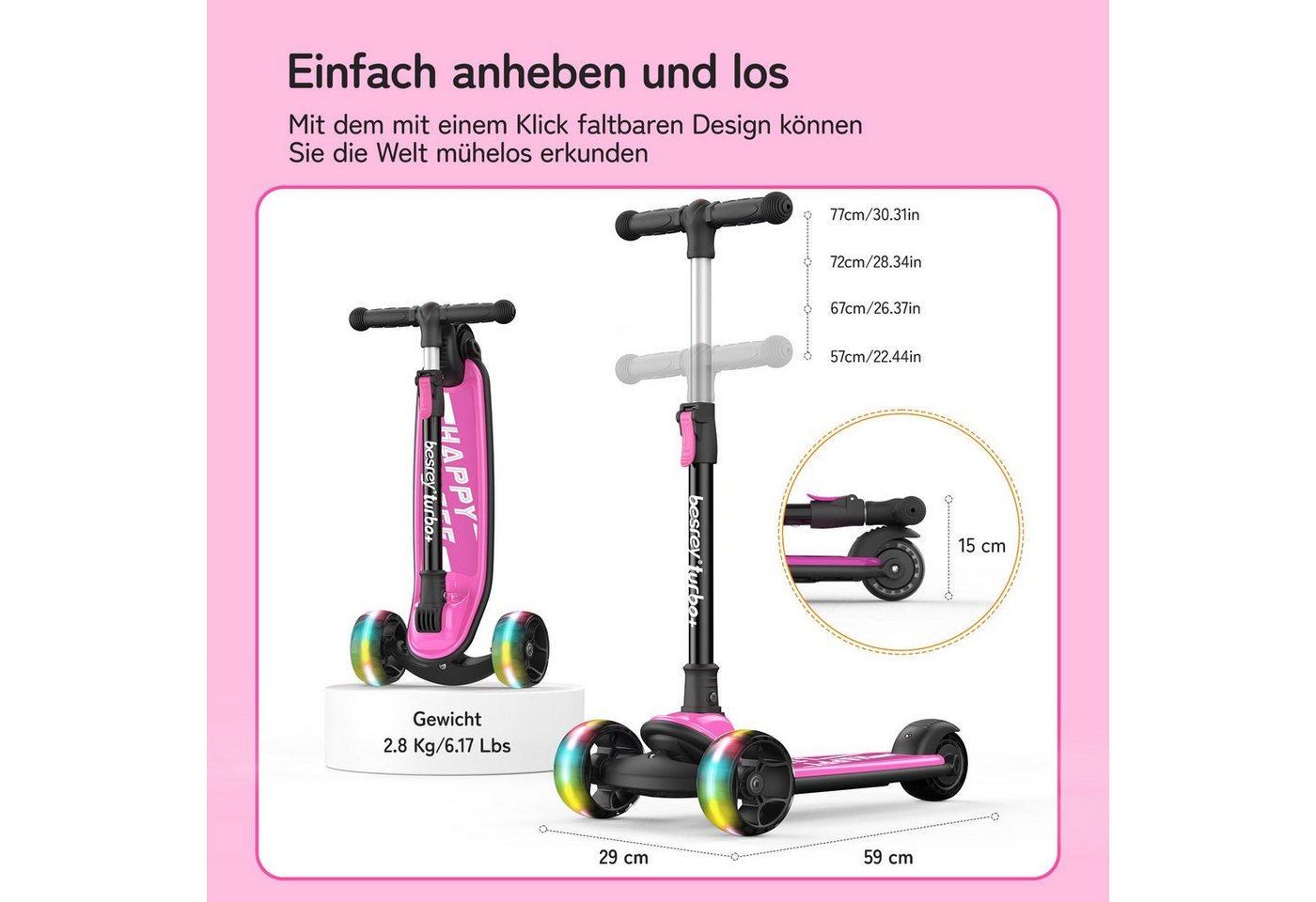 besrey Dreiradscooter Kinder Scooter Kinder Roller Kinderroller ab 3 jahre faltbar, Alle drei Räder mit LED, Kinderscooter mit ABEC-7 Kugellager – Bild 4 von 5