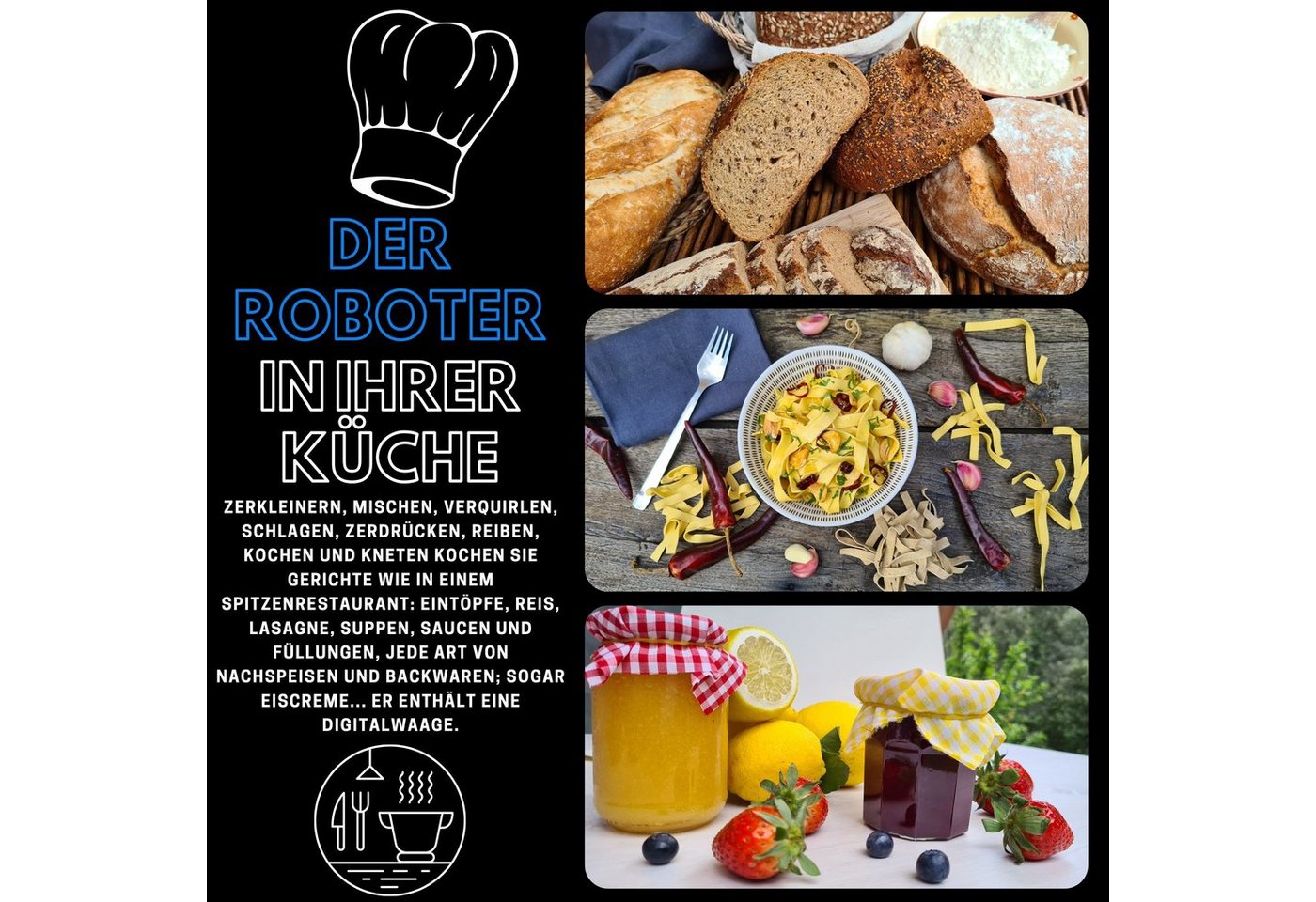 Best Direct® Küchenmaschine mit Kochfunktion, 1000 W, 3,00 l Schüssel, mit Dampfgaraufsatz, digitale Waage – Bild 4 von 5