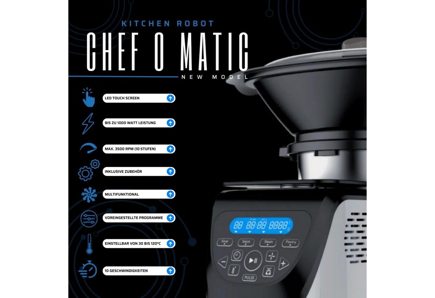 Best Direct® Küchenmaschine mit Kochfunktion, 1000 W, 3,00 l Schüssel, mit Dampfgaraufsatz, digitale Waage – Bild 5 von 5