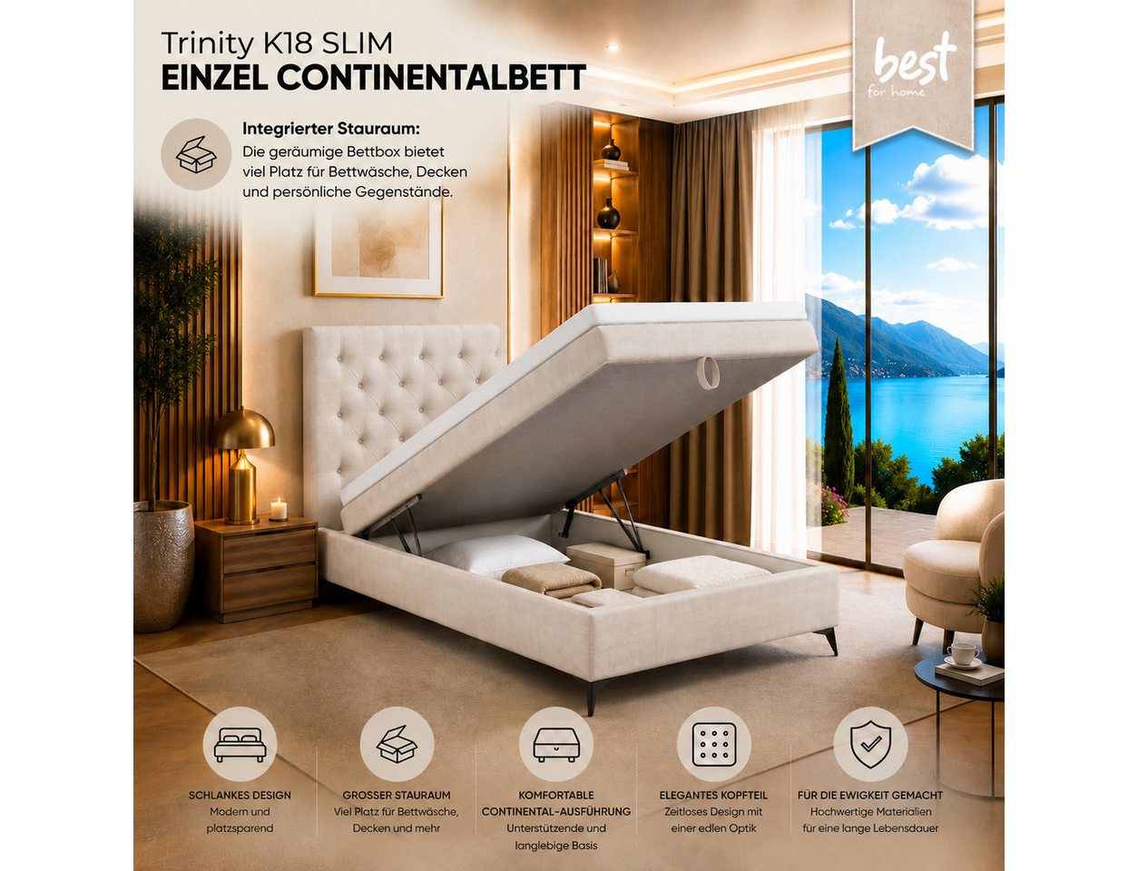 Best for Home Boxspringbett Bett K18 Single SLIM mit Bettkasten und Bonellfederkernmatratze (Einzelbett / Boxspringbett, 1-St., Boxspringbett-Set inklusive Matr – Bild 2 von 5