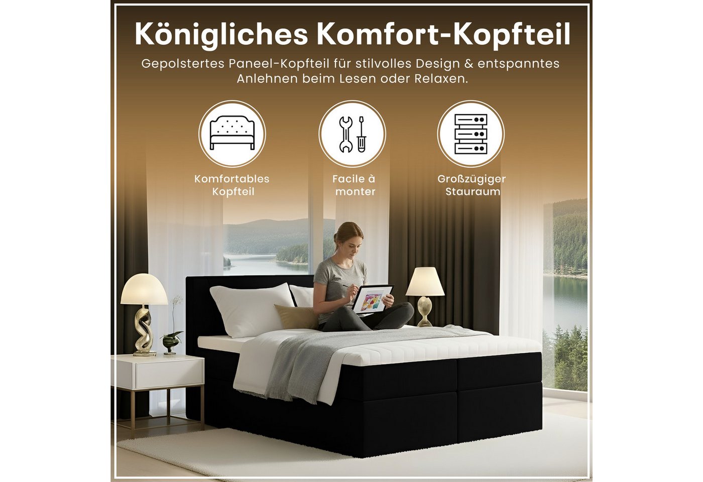 Best for Home Boxspringbett Boxspring bett mit Bonellfederkern&Komfort-Topper und Stauraum (1-teilig, 4-St., 140x200 160x200 180x200 200x200), Handwerksqualität – Bild 2 von 5