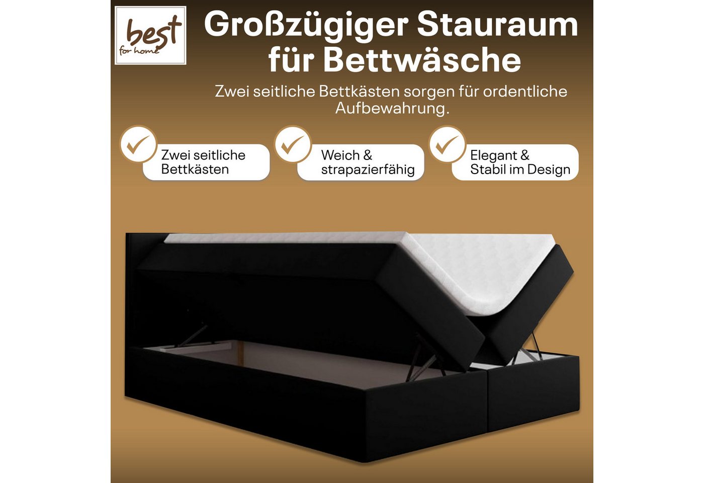 Best for Home Boxspringbett Boxspring bett mit Bonellfederkern&Komfort-Topper und Stauraum (1-teilig, 4-St., 140x200 160x200 180x200 200x200), Handwerksqualität – Bild 3 von 5