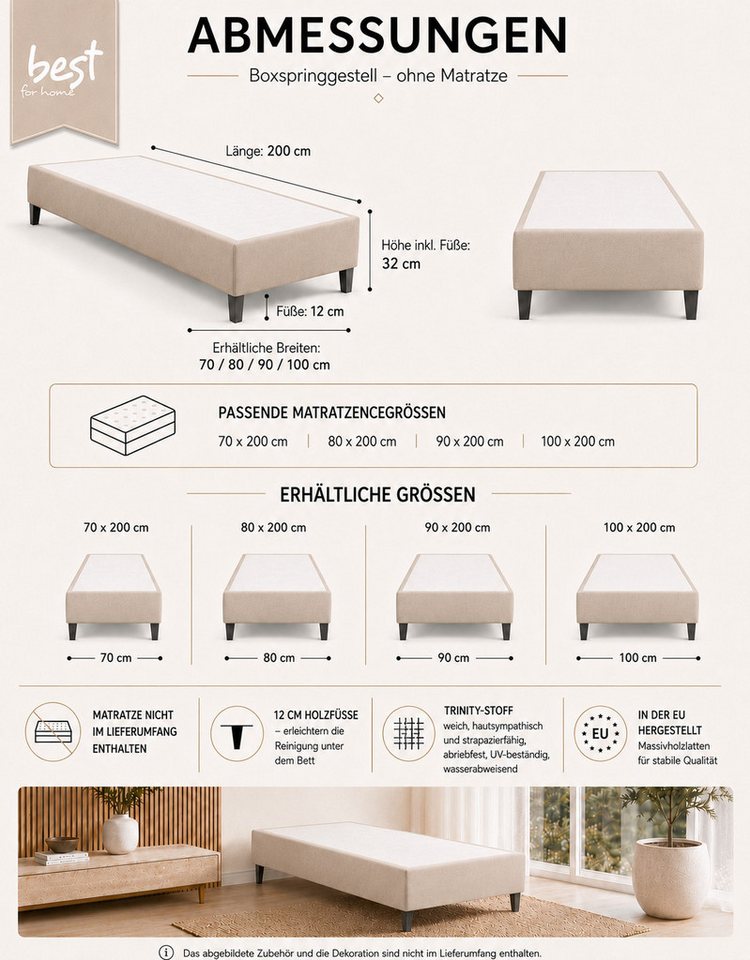 Best for Home Boxspringbett Boxspringbettgestell aus Massivholz in verschiedenen Größen (Bettgestell / Seniorenbett / Jugendbett / Kinderbett, 1-St., Bettgestel – Bild 5 von 5