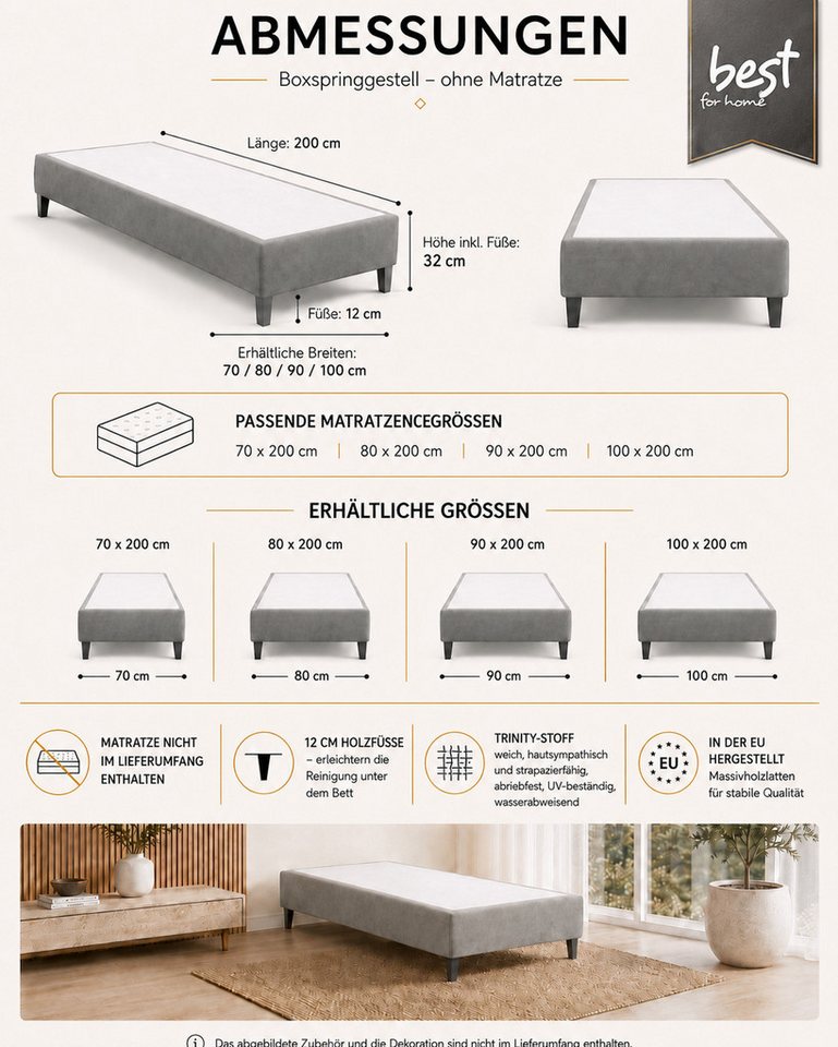 Best for Home Boxspringbett Boxspringbettgestell aus Massivholz in verschiedenen Größen (Bettgestell / Seniorenbett / Jugendbett / Kinderbett, Bettgestell ohne  – Bild 5 von 5
