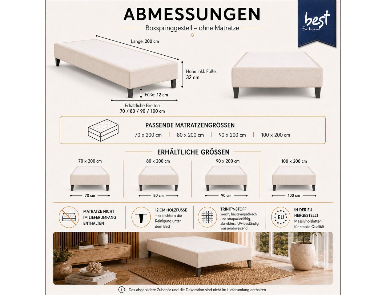 Best for Home Boxspringbett Boxspringbettgestell aus Massivholz in verschiedenen Größen (Bettgestell / Seniorenbett / Jugendbett / Kinderbett, 1-St., Bettgestel – Bild 5 von 5