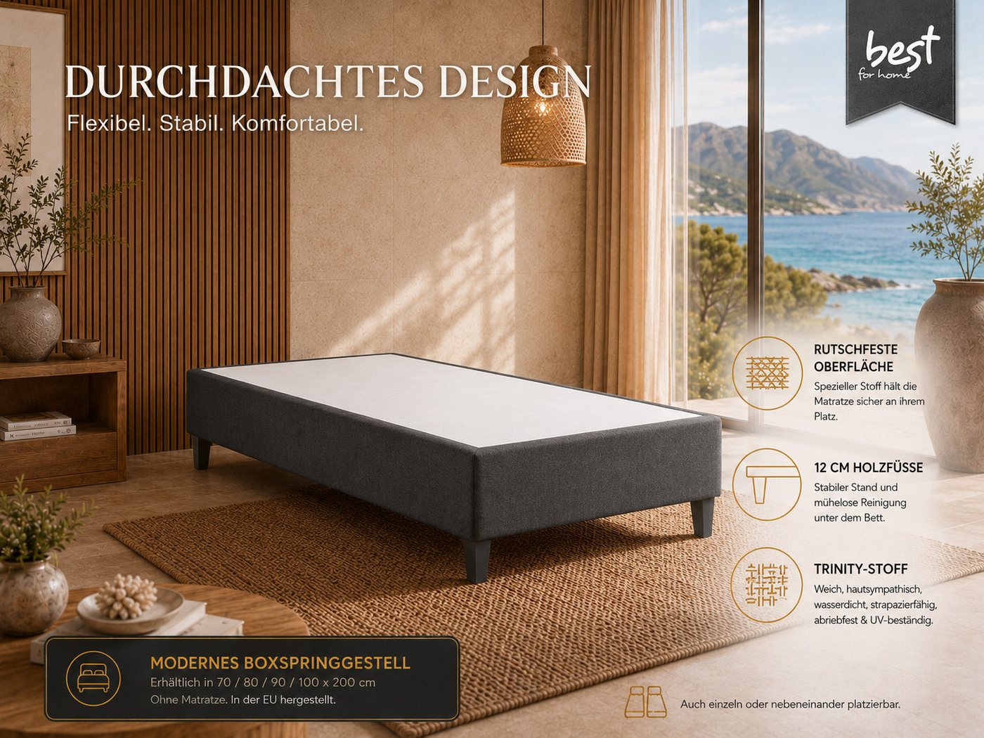 Best for Home Boxspringbett Boxspringbettgestell aus Massivholz in verschiedenen Größen (Bettgestell / Seniorenbett / Jugendbett / Kinderbett, Bettgestell ohne  – Bild 2 von 5