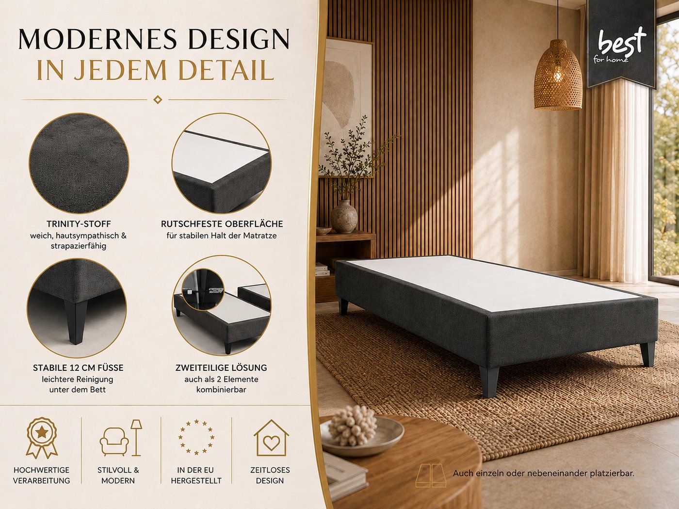 Best for Home Boxspringbett Boxspringbettgestell aus Massivholz in verschiedenen Größen (Bettgestell / Seniorenbett / Jugendbett / Kinderbett, Bettgestell ohne  – Bild 3 von 5