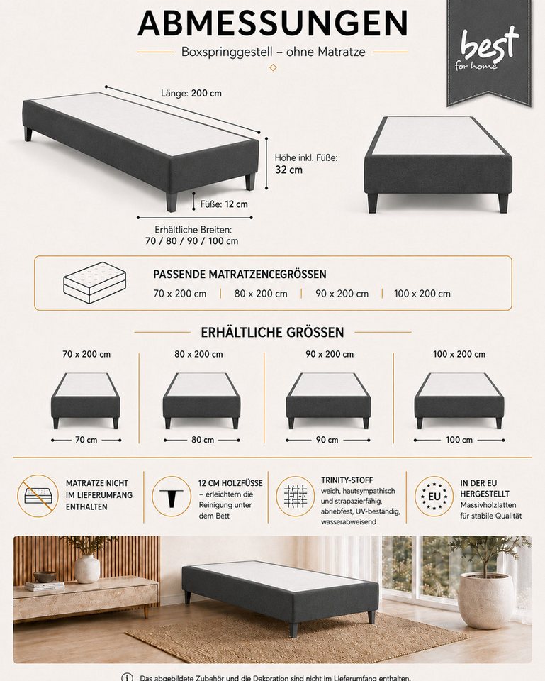 Best for Home Boxspringbett Boxspringbettgestell aus Massivholz in verschiedenen Größen (Bettgestell / Seniorenbett / Jugendbett / Kinderbett, Bettgestell ohne  – Bild 5 von 5