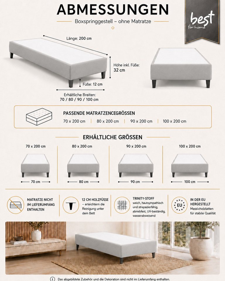 Best for Home Boxspringbett Boxspringbettgestell aus Massivholz in verschiedenen Größen (Bettgestell / Seniorenbett / Jugendbett / Kinderbett, Bettgestell ohne  – Bild 5 von 5