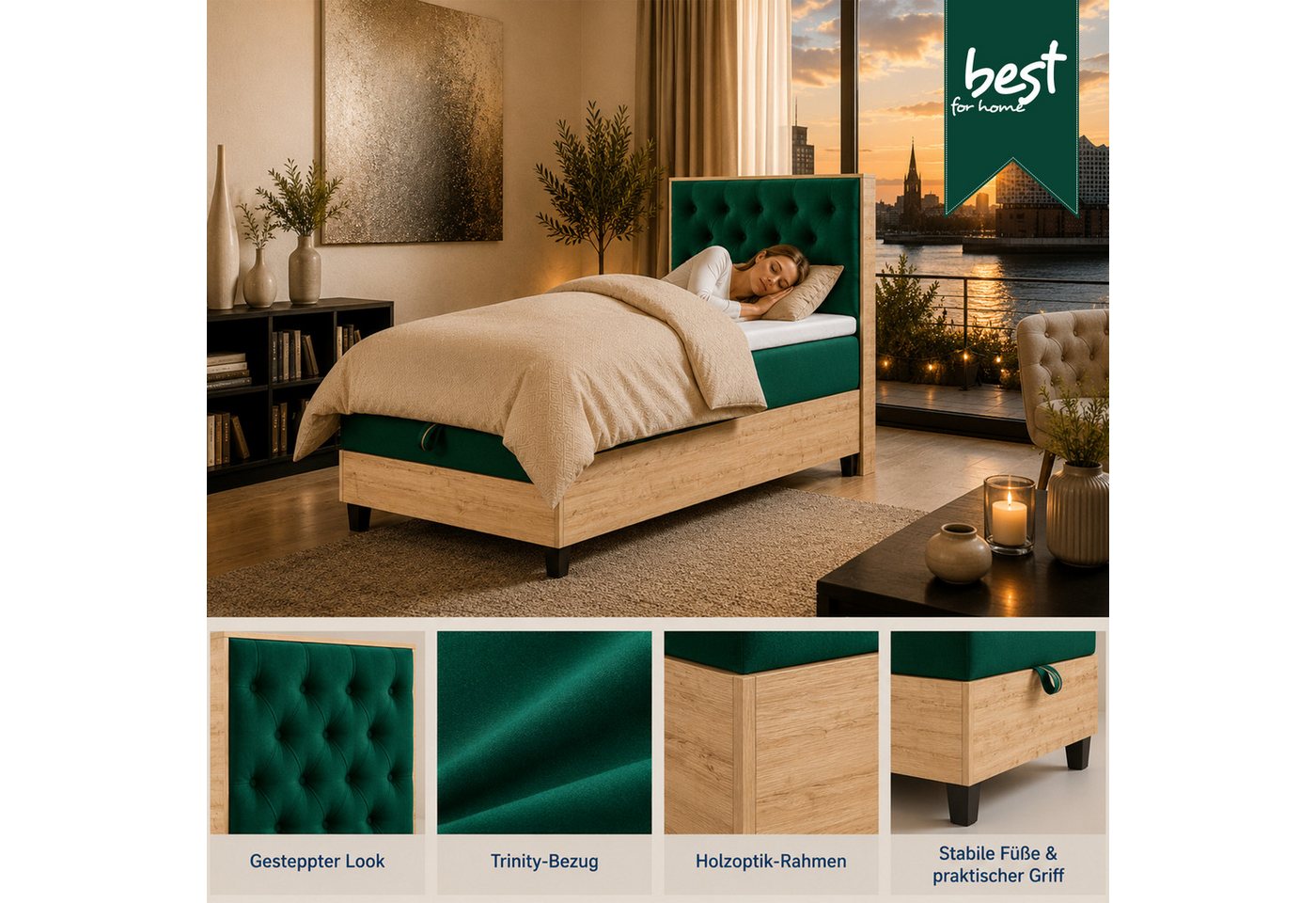 Best for Home Boxspringbett Einzelbett Trinity K-14 Single mit Bettkasten & Komfort Topper H3 (Bett, Polsterbett mit Stauraum, Jugendbett, Kinderbett versch. Gr – Bild 4 von 5