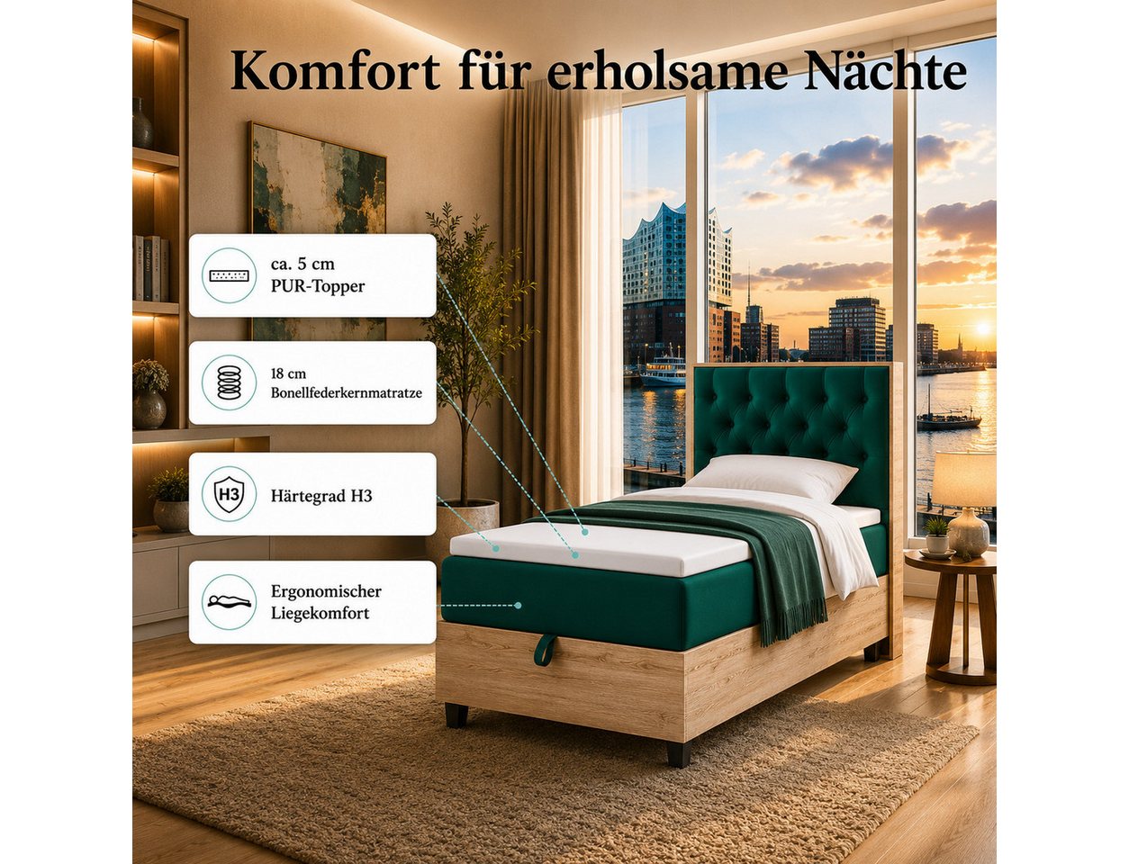 Best for Home Boxspringbett Einzelbett Trinity K-14 Single mit Bettkasten & Komfort Topper H3 (Bett, Polsterbett mit Stauraum, Jugendbett, Kinderbett versch. Gr – Bild 5 von 5