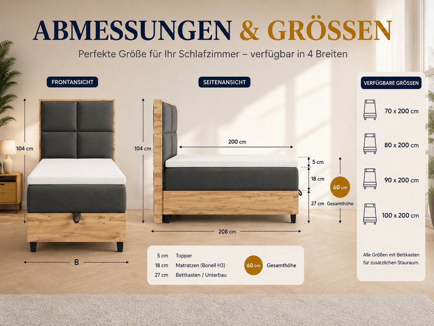 Best for Home Boxspringbett Einzelbett Trinity K-2 Plate Single mit Bettkasten & Topper H3 (Einzelbett, Polsterbett mit gepolstertes Kopfteil, Jugendbett, Kinde – Bild 5 von 5