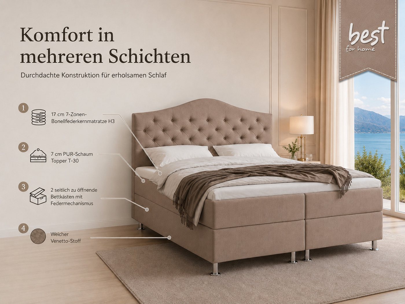 Best for Home Boxspringbett Glamour mit 7-Zonen Bonell & 7 cm T-30 Topper – Komfortbett (Komplettset, 4-St., Boxspringbett mit 7-Zonen-Bonellfederkernmatratze & – Bild 3 von 5