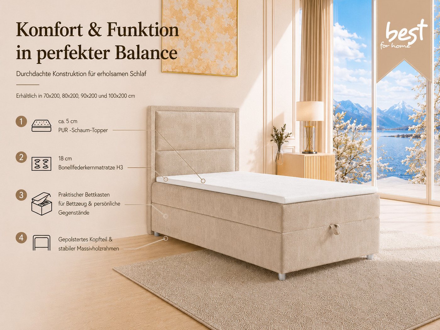 Best for Home Boxspringbett K-11 SINGLE mit Bettkasten, Bonellfederkern, Komfort Topper H3 (Hotelbett, Einzelbett, Kinderbett, Juniorbett, 5-St., 70x200 80x200  – Bild 3 von 5