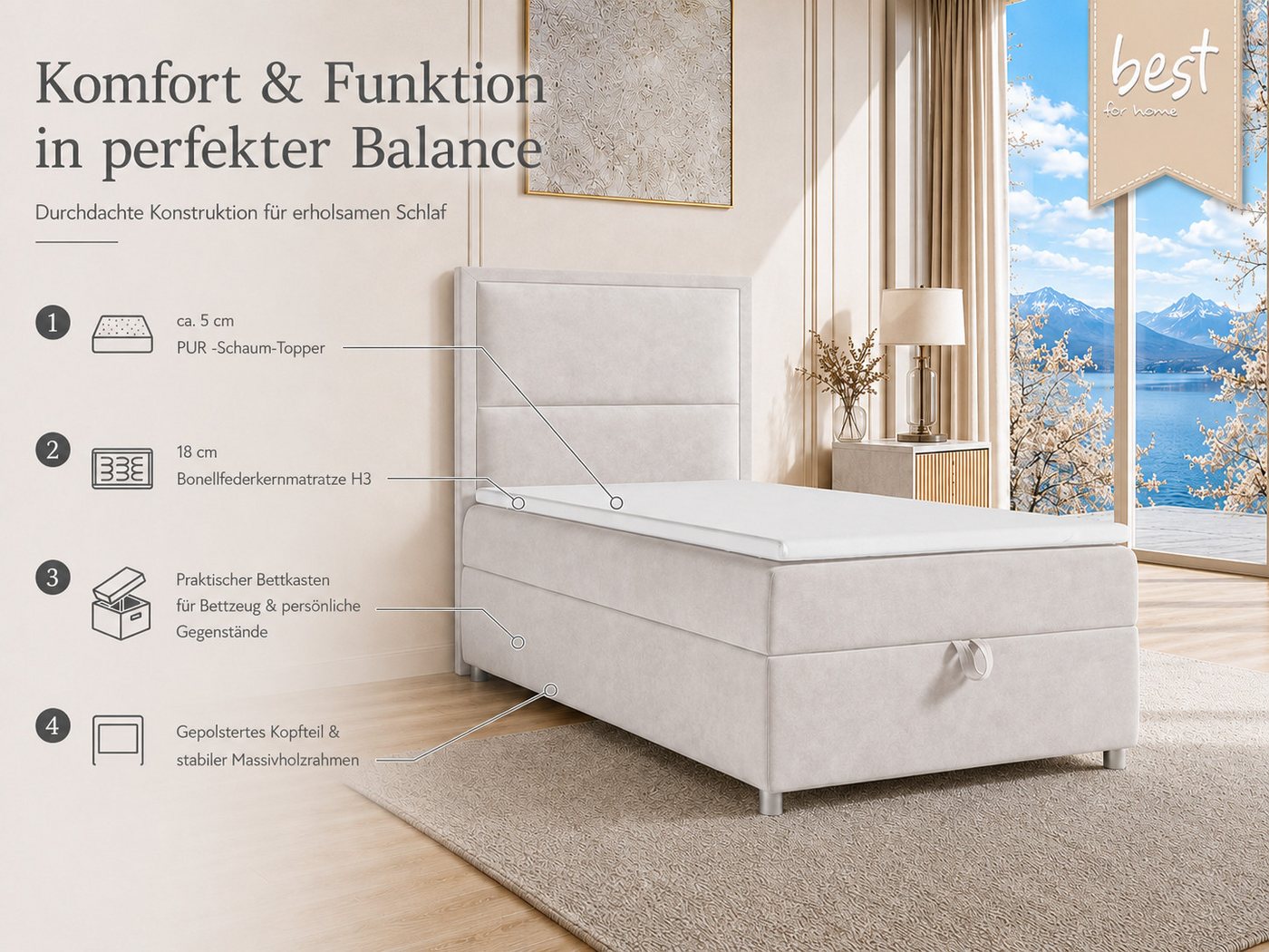 Best for Home Boxspringbett K-11 SINGLE mit Bettkasten, Bonellfederkern, Komfort Topper H3 (Hotelbett, Einzelbett, Kinderbett, Juniorbett, 5-St., 70x200 80x200  – Bild 3 von 5