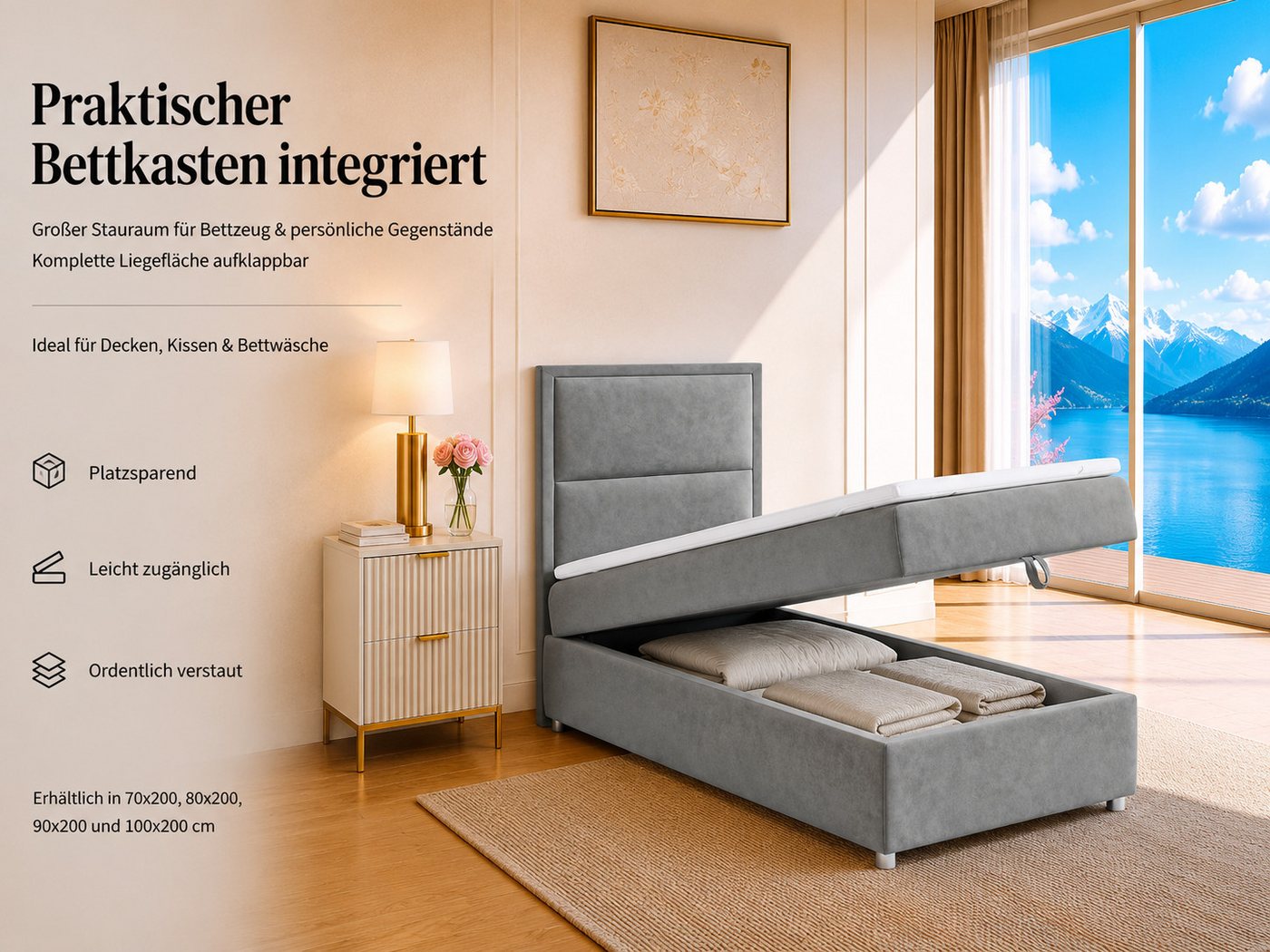 Best for Home Boxspringbett K-11 SINGLE mit Bettkasten, Bonellfederkern, Komfort Topper H3 (Hotelbett, Einzelbett, Kinderbett, Juniorbett, 5-St., 70x200 80x200  – Bild 5 von 5