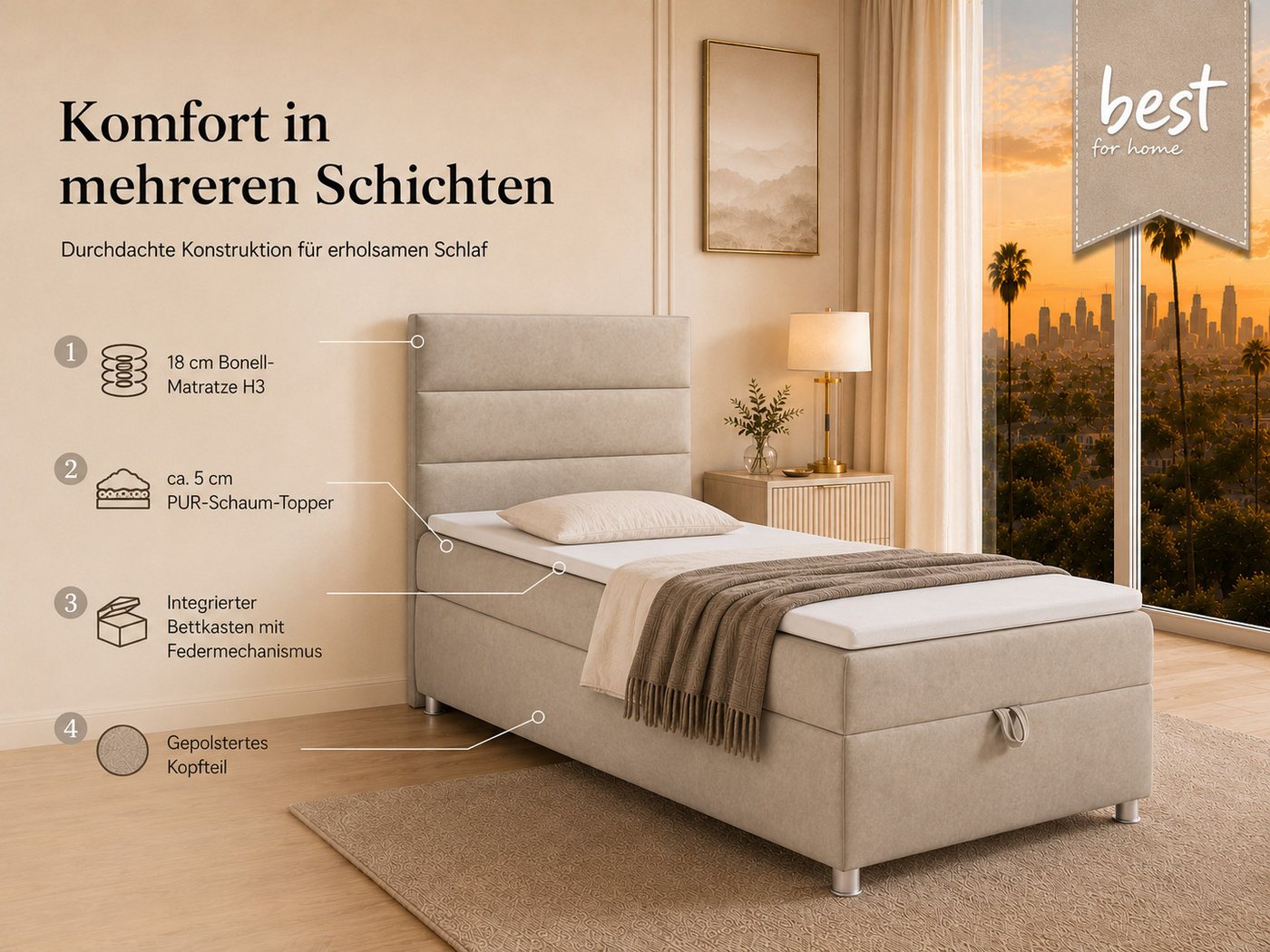 Best for Home Boxspringbett K-4 mit Stauraum, Topper & Bonellfederkern (Komplettset, 1-St., Boxspringbett inklusive Matratze und Topper), ca. 5 cm PUR-Schaum-To – Bild 3 von 5
