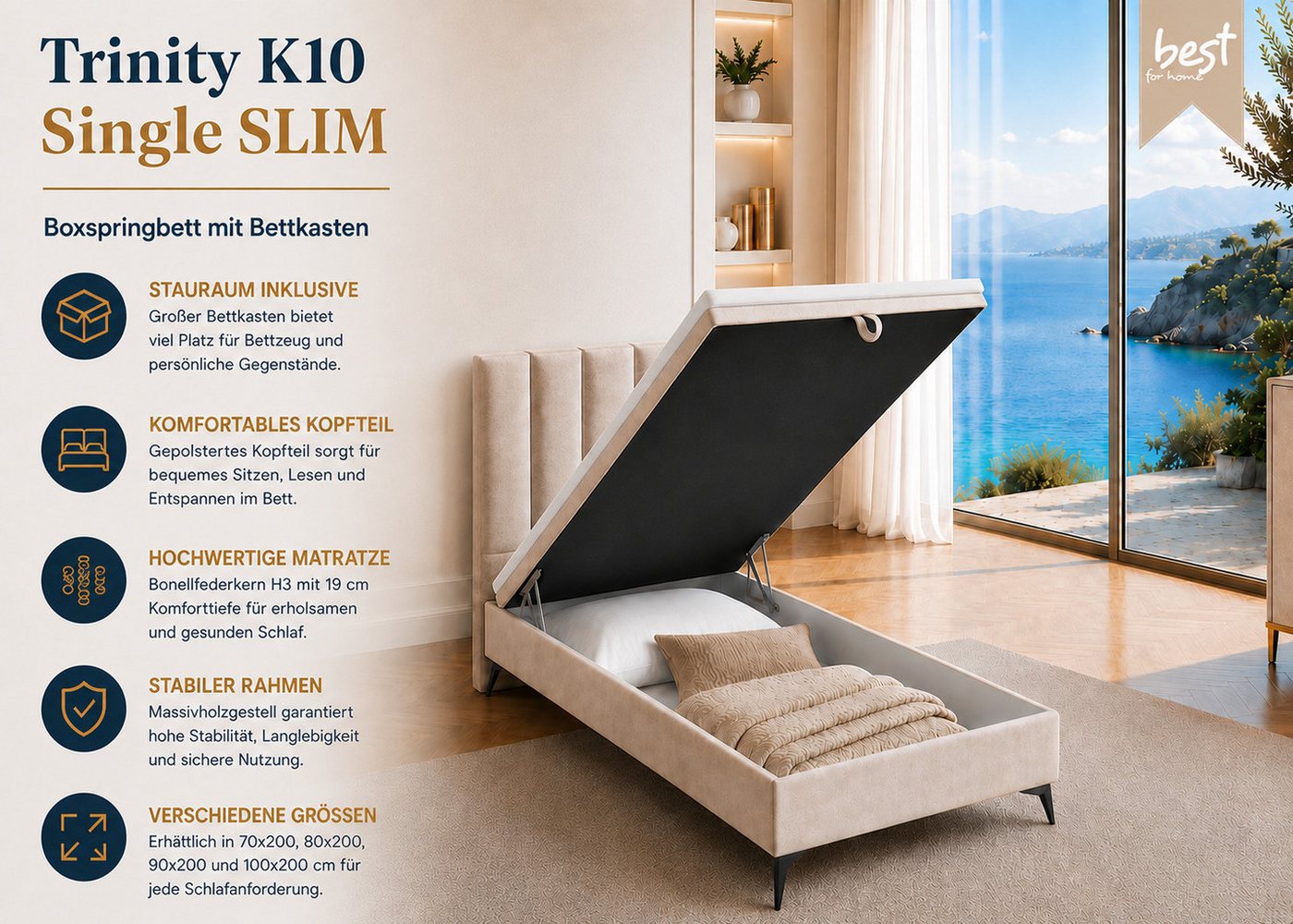 Best for Home Boxspringbett K10 Single SLIM mit Bettkasten & Bonellfederkernmatratze, Topper H3 (Einzelbett, Polsterbett, Kinderbett, Juniorbett, Hotelbett, 70x – Bild 2 von 5