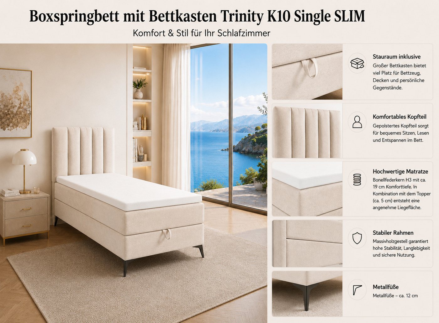 Best for Home Boxspringbett K10 Single SLIM mit Bettkasten & Bonellfederkernmatratze, Topper H3 (Einzelbett, Polsterbett, Kinderbett, Juniorbett, Hotelbett, 70x – Bild 3 von 5