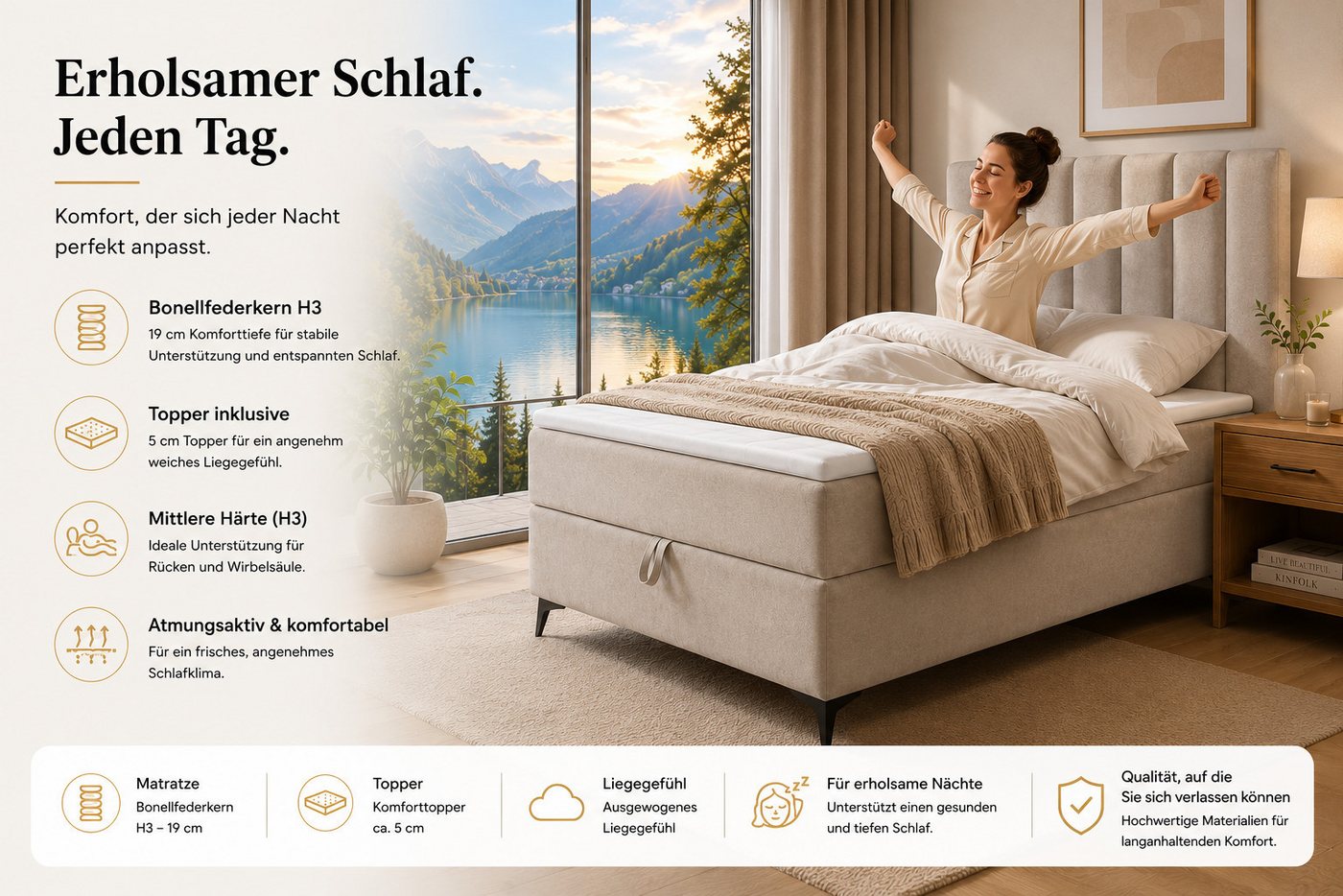 Best for Home Boxspringbett K10 Single SLIM mit Bettkasten & Bonellfederkernmatratze, Topper H3 (Einzelbett, Polsterbett, Kinderbett, Juniorbett, Hotelbett, 70x – Bild 4 von 5