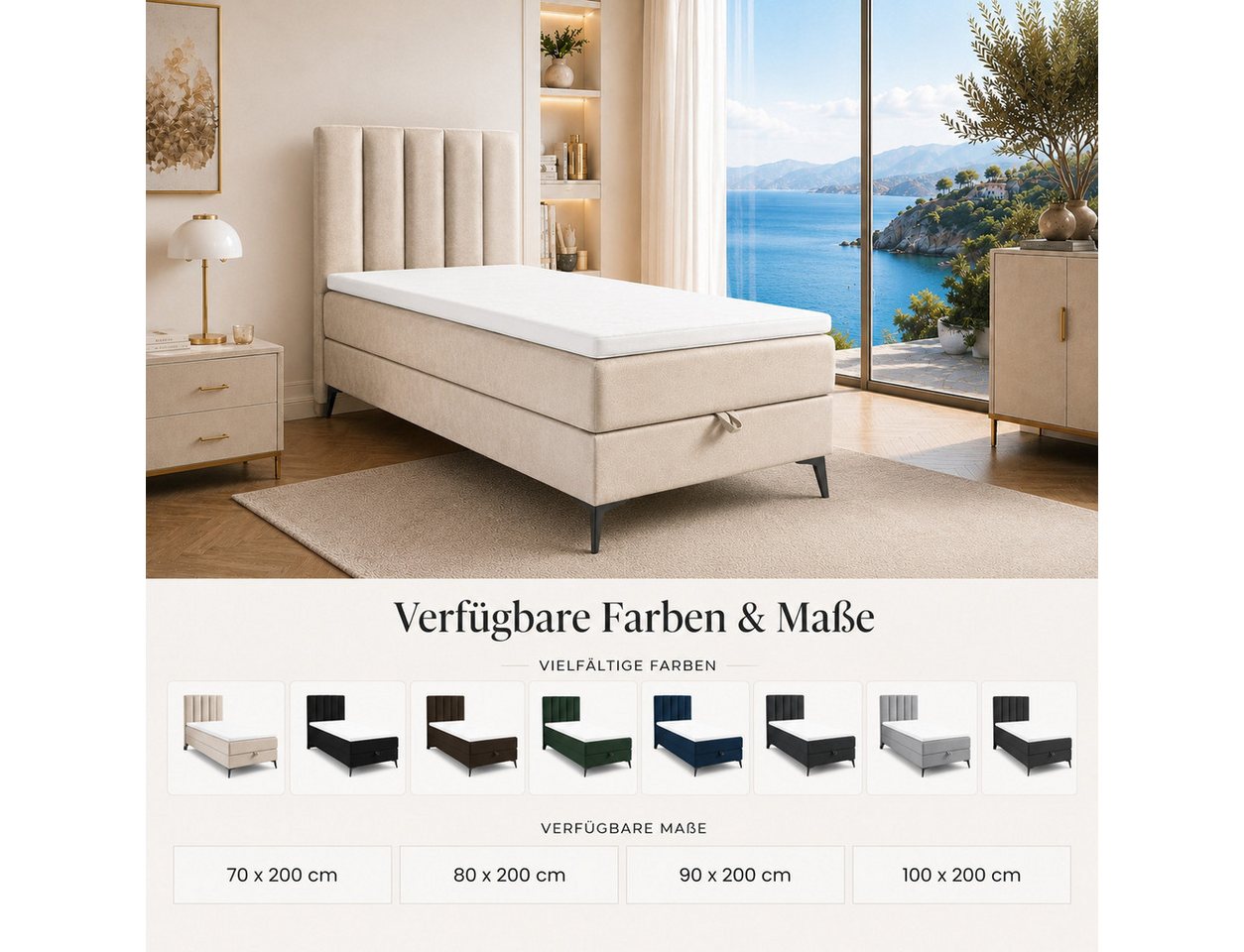 Best for Home Boxspringbett K10 Single SLIM mit Bettkasten & Bonellfederkernmatratze, Topper H3 (Einzelbett, Polsterbett, Kinderbett, Juniorbett, Hotelbett, 70x – Bild 5 von 5