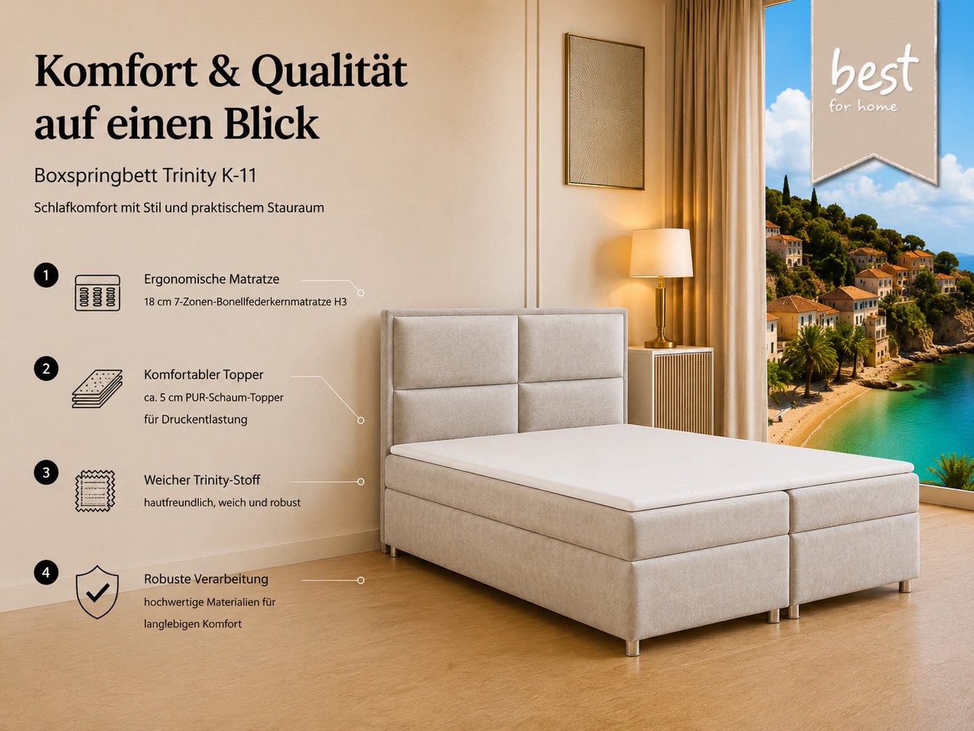 Best for Home Boxspringbett mit Bettkasten Doppelbett mit Stauraum & Topper 7-Zonen Komfort (Polsterbett Doppelbett Boxbett mit gepolstertes Kopfteil, versch. G – Bild 3 von 5