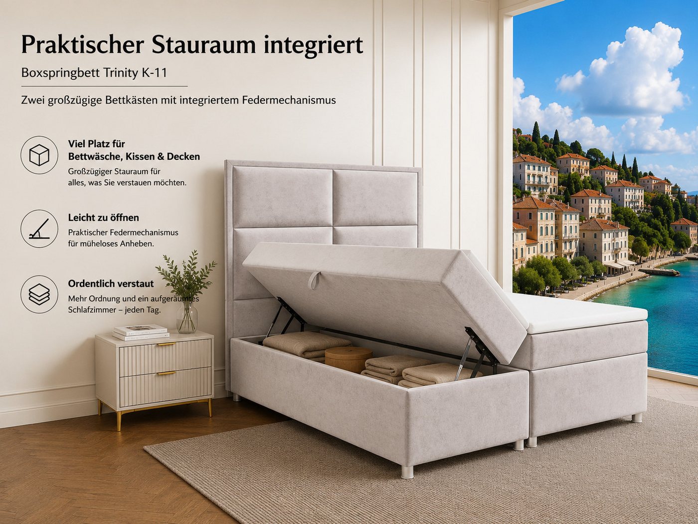 Best for Home Boxspringbett mit Bettkasten Doppelbett mit Stauraum & Topper 7-Zonen Komfort (Polsterbett Doppelbett Boxbett mit gepolstertes Kopfteil, versch. G – Bild 5 von 5