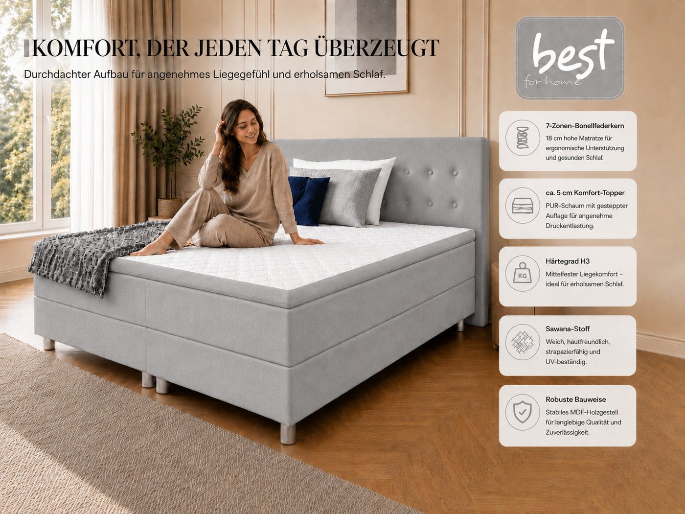 Best for Home Boxspringbett mit gepolstertem Kopfteil, komfortabler Bonnell-Matratze & 5 cm Topper (Boxspringbett-Set mit Matratze und Topper, 1-St., 90x200 120 – Bild 2 von 5