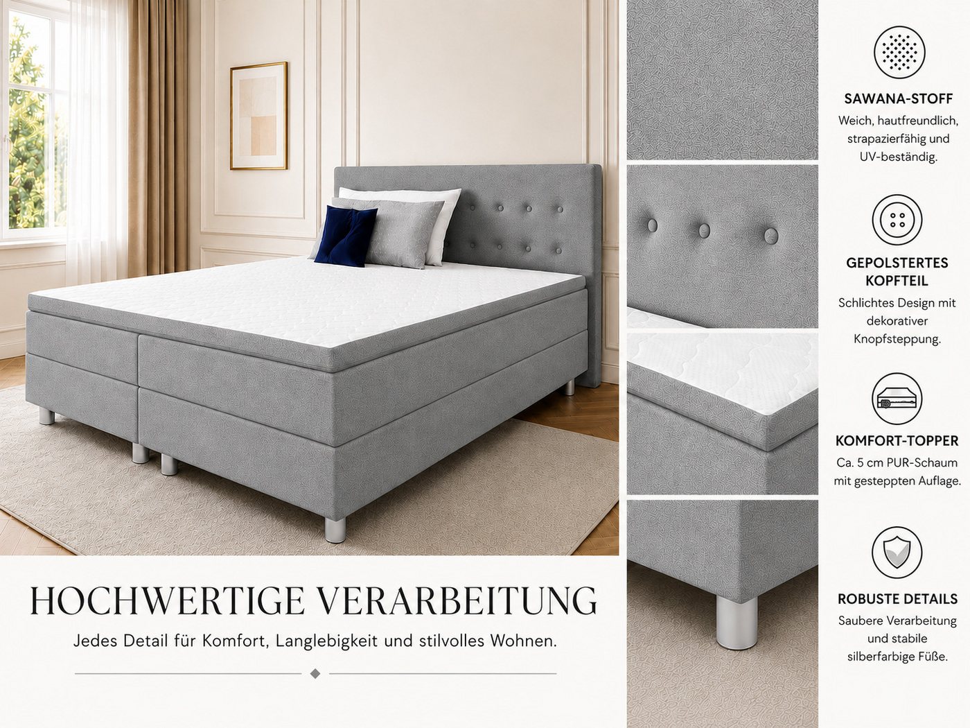 Best for Home Boxspringbett mit gepolstertem Kopfteil, komfortabler Bonnell-Matratze & 5 cm Topper (Boxspringbett-Set mit Matratze und Topper, 1-St., 90x200 120 – Bild 4 von 5