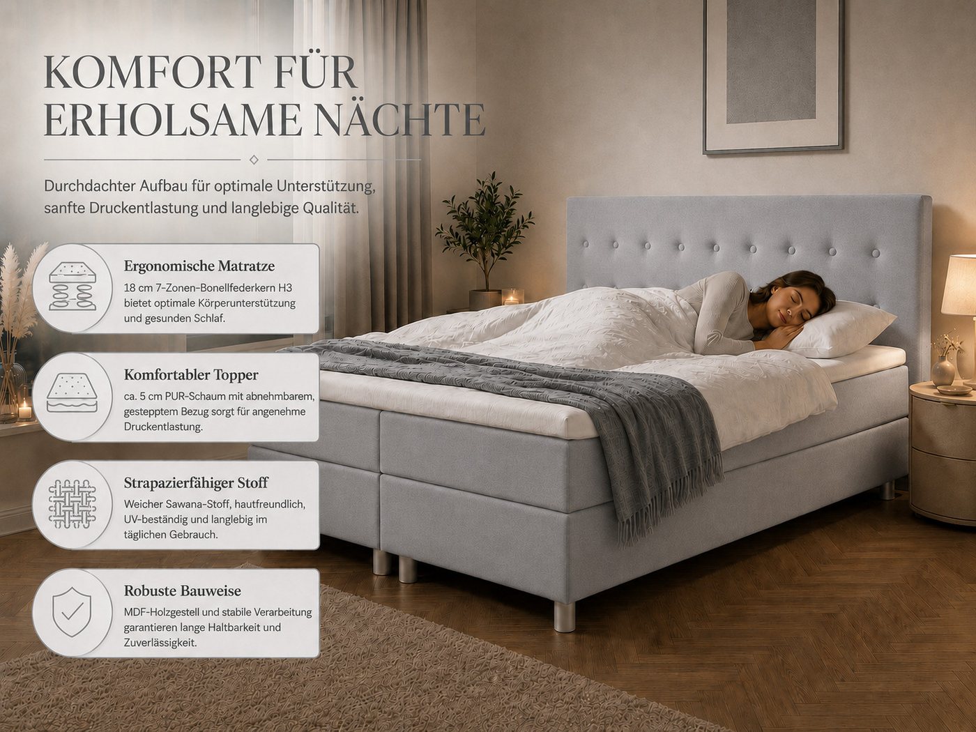 Best for Home Boxspringbett mit gepolstertem Kopfteil, komfortabler Bonnell-Matratze & 5 cm Topper (Boxspringbett-Set mit Matratze und Topper, 1-St., 90x200 120 – Bild 5 von 5