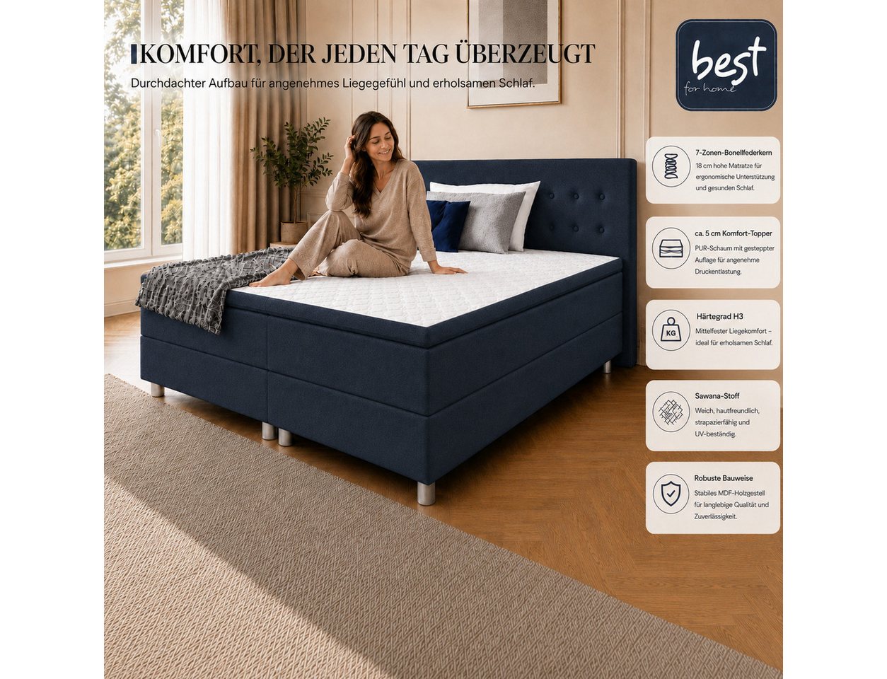 Best for Home Boxspringbett mit gepolstertem Kopfteil, komfortabler Bonnell-Matratze & 5 cm Topper (Boxspringbett-Set mit Matratze und Topper, 1-St., 90x200 120 – Bild 2 von 5