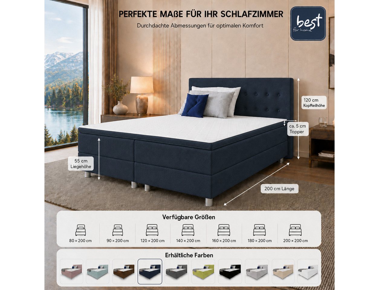 Best for Home Boxspringbett mit gepolstertem Kopfteil, komfortabler Bonnell-Matratze & 5 cm Topper (Boxspringbett-Set mit Matratze und Topper, 1-St., 90x200 120 – Bild 3 von 5