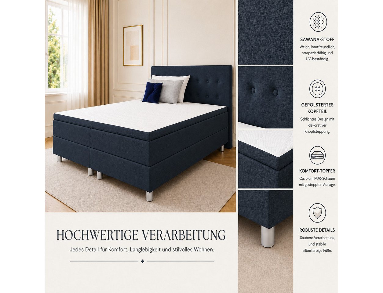 Best for Home Boxspringbett mit gepolstertem Kopfteil, komfortabler Bonnell-Matratze & 5 cm Topper (Boxspringbett-Set mit Matratze und Topper, 1-St., 90x200 120 – Bild 4 von 5