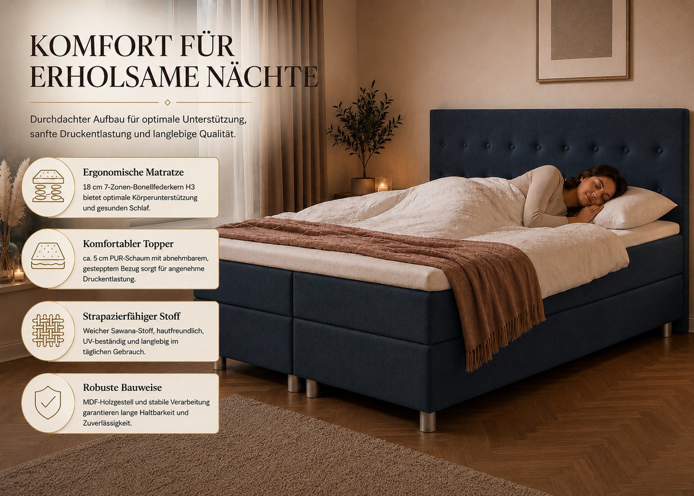 Best for Home Boxspringbett mit gepolstertem Kopfteil, komfortabler Bonnell-Matratze & 5 cm Topper (Boxspringbett-Set mit Matratze und Topper, 1-St., 90x200 120 – Bild 5 von 5