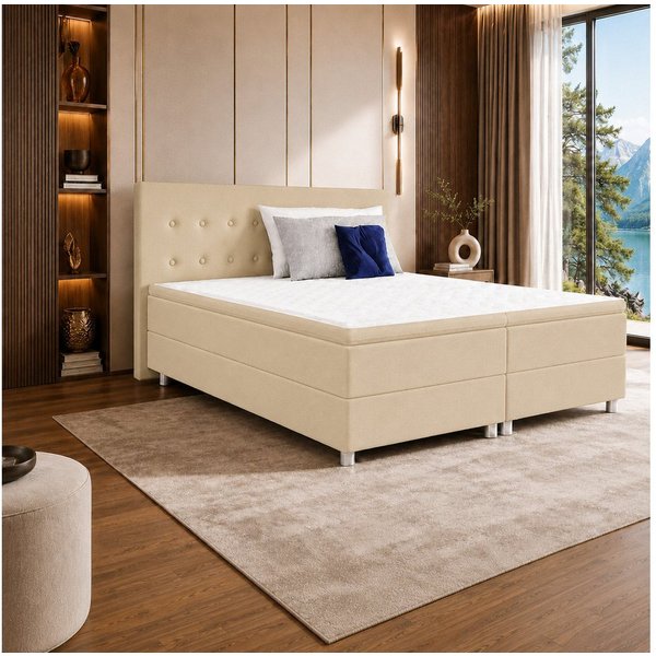 Best for Home Boxspringbett mit gepolstertem Kopfteil, komfortabler Bonnell-Matratze & 5 cm Topper (Boxspringbett-Set mit Matratze und Topper, 1-St., 90x200 120