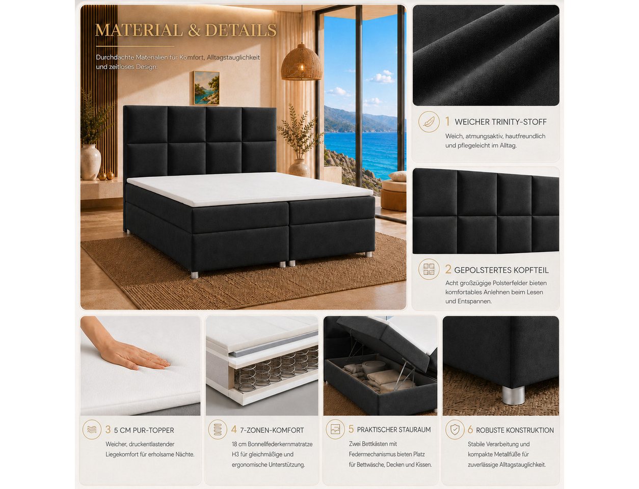 Best for Home Boxspringbett mit Stauraum Doppelbett Trinity K-2 mit 7-Zonen Komfort Topper (Polsterbett Doppelbett Boxbett mit gepolstertes Kopfteil, versch. Gr – Bild 4 von 5