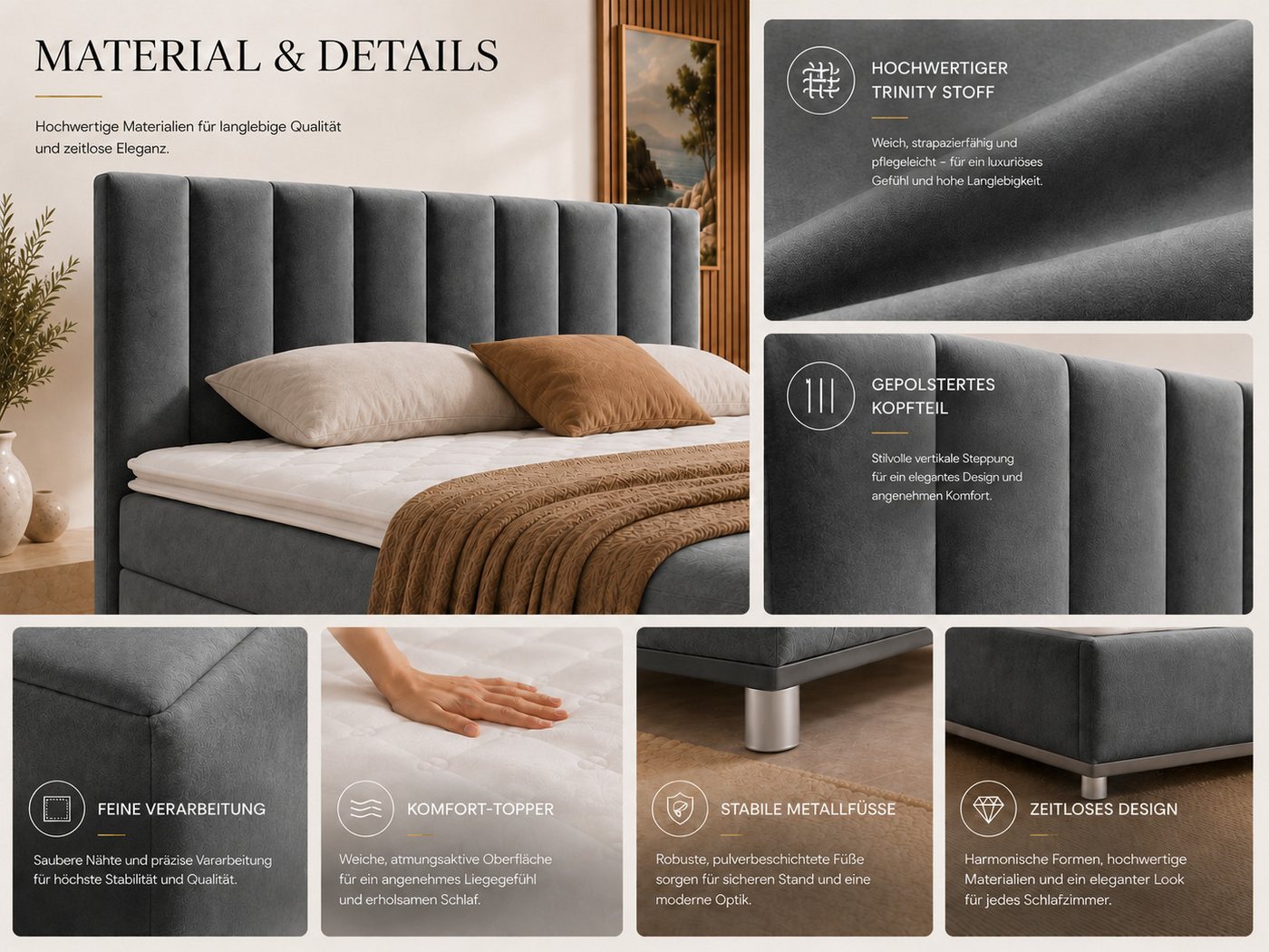 Best for Home Boxspringbett Trinity K-10 mit zwei Bettkästen & 7-Zonen Komfort-Topper (Doppelbett mit Stauraum, Federkernmatratze, gepolstertes Kopfteil, Doppel – Bild 4 von 5