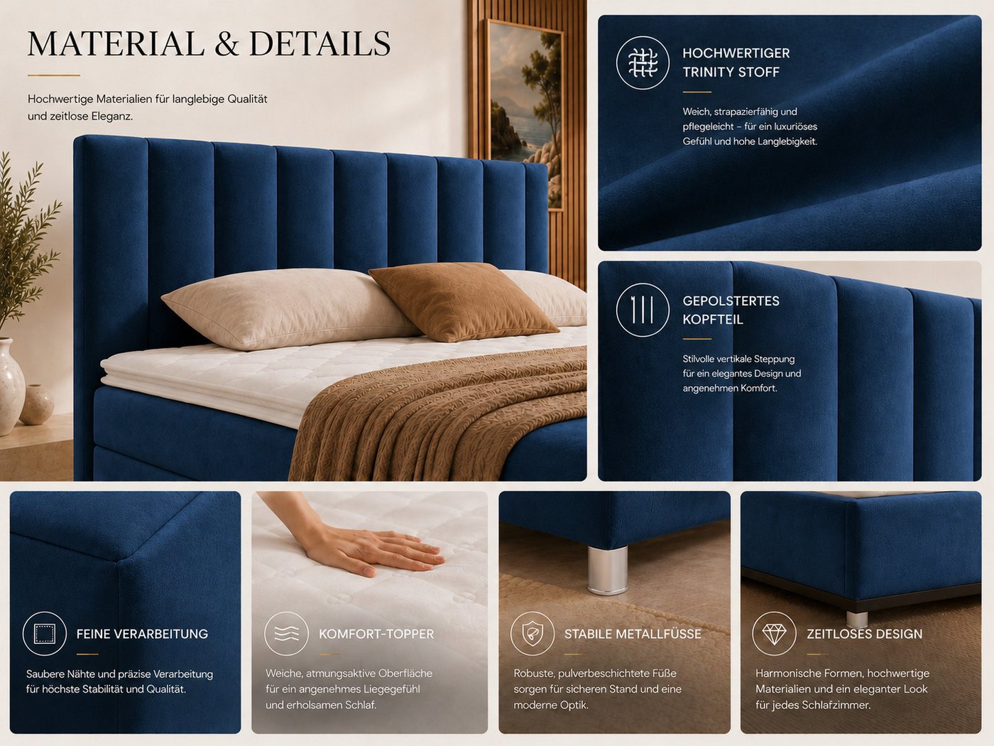 Best for Home Boxspringbett Trinity K-10 mit zwei Bettkästen & 7-Zonen Komfort-Topper (Doppelbett mit Stauraum, Federkernmatratze, gepolstertes Kopfteil, Doppel – Bild 4 von 5