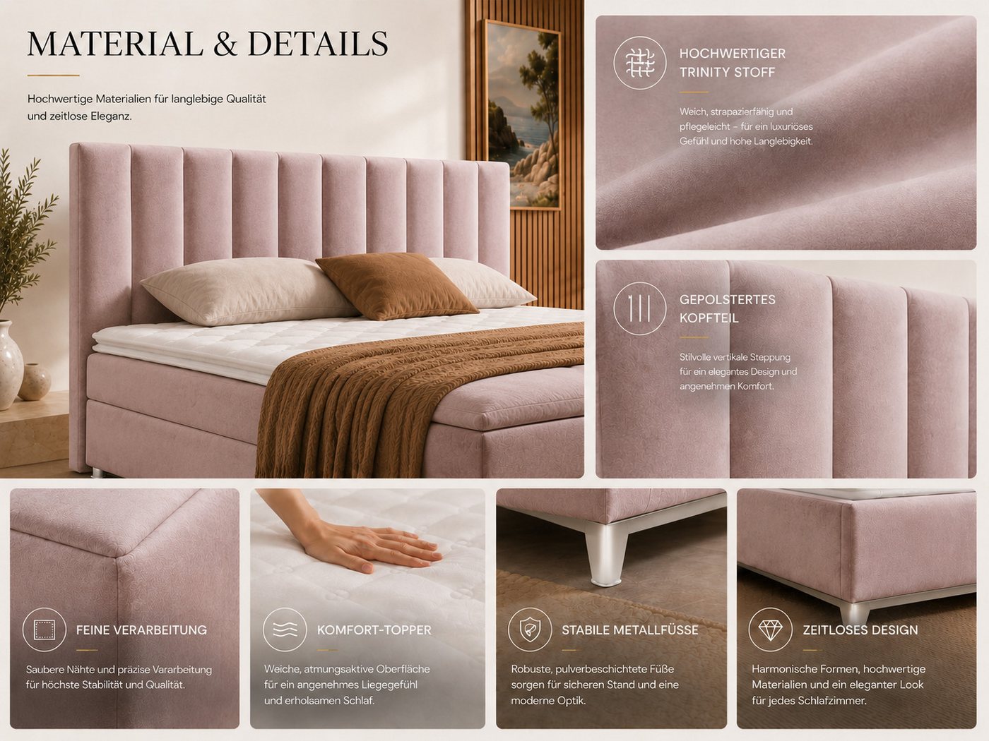 Best for Home Boxspringbett Trinity K-10 mit zwei Bettkästen & 7-Zonen Komfort-Topper (Doppelbett mit Stauraum, Federkernmatratze, gepolstertes Kopfteil, Doppel – Bild 4 von 5