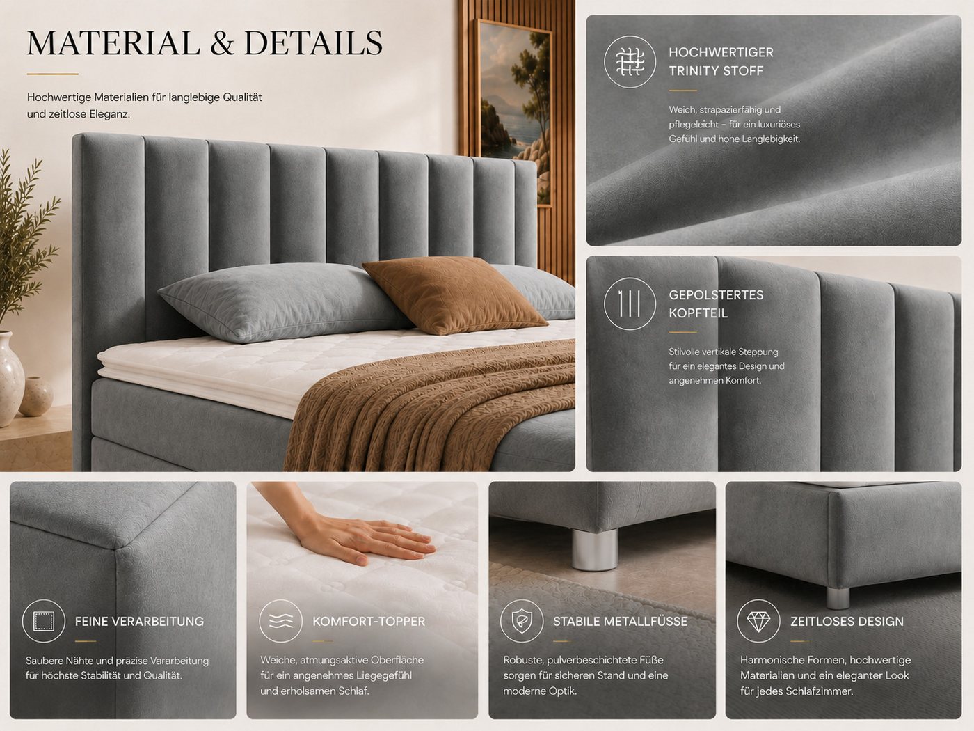 Best for Home Boxspringbett Trinity K-10 mit zwei Bettkästen & 7-Zonen Komfort-Topper (Doppelbett mit Stauraum, Federkernmatratze, gepolstertes Kopfteil, Doppel – Bild 4 von 5