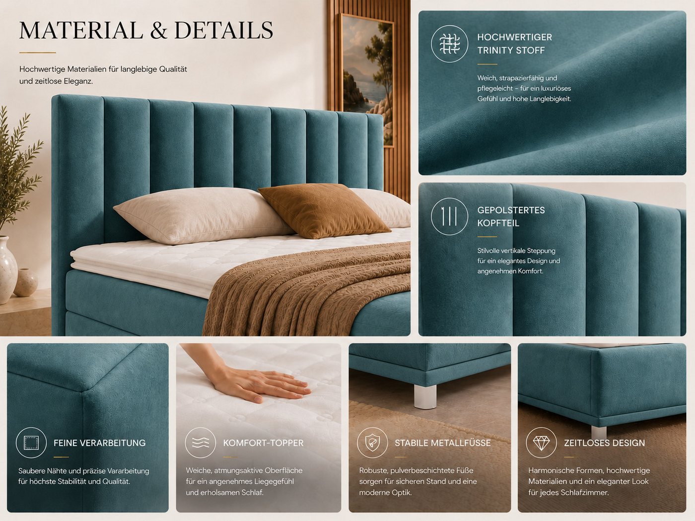 Best for Home Boxspringbett Trinity K-10 mit zwei Bettkästen & 7-Zonen Komfort-Topper (Doppelbett mit Stauraum, Federkernmatratze, gepolstertes Kopfteil, Doppel – Bild 4 von 5