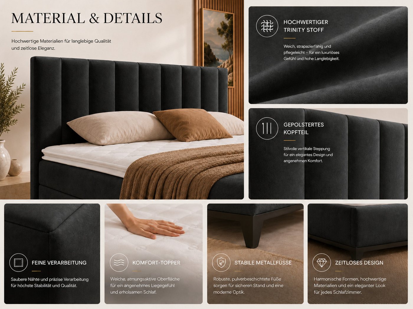 Best for Home Boxspringbett Trinity K-10 mit zwei Bettkästen & 7-Zonen Komfort-Topper (Doppelbett mit Stauraum, Federkernmatratze, gepolstertes Kopfteil, Doppel – Bild 4 von 5