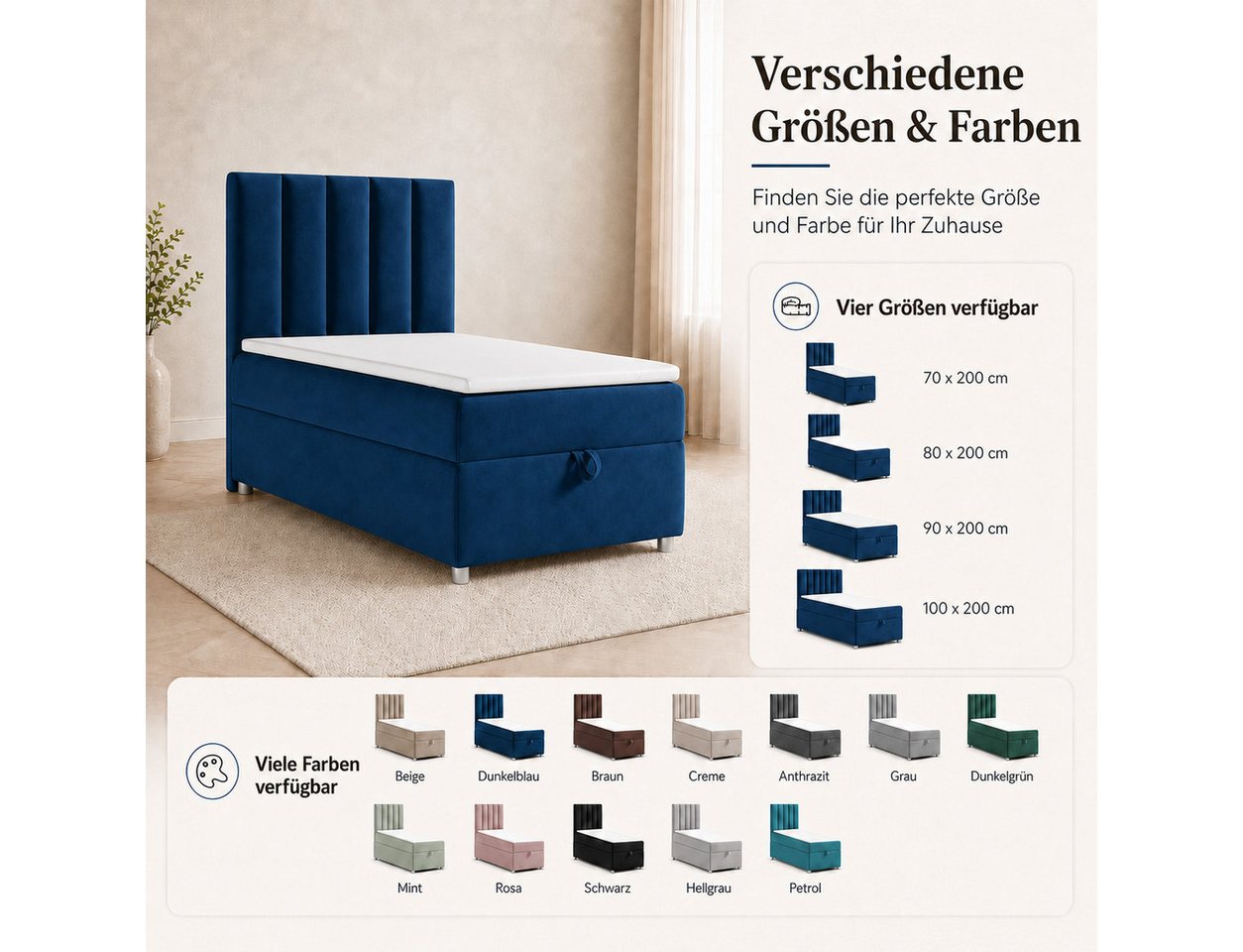 Best for Home Boxspringbett Trinity K-10 Single mit Bettkasten – 7-Zonen Matratze & Komfort-Topper (Bettset, 70x200 80x200 90x200 100x200 cm), Handwerksqualität – Bild 3 von 5